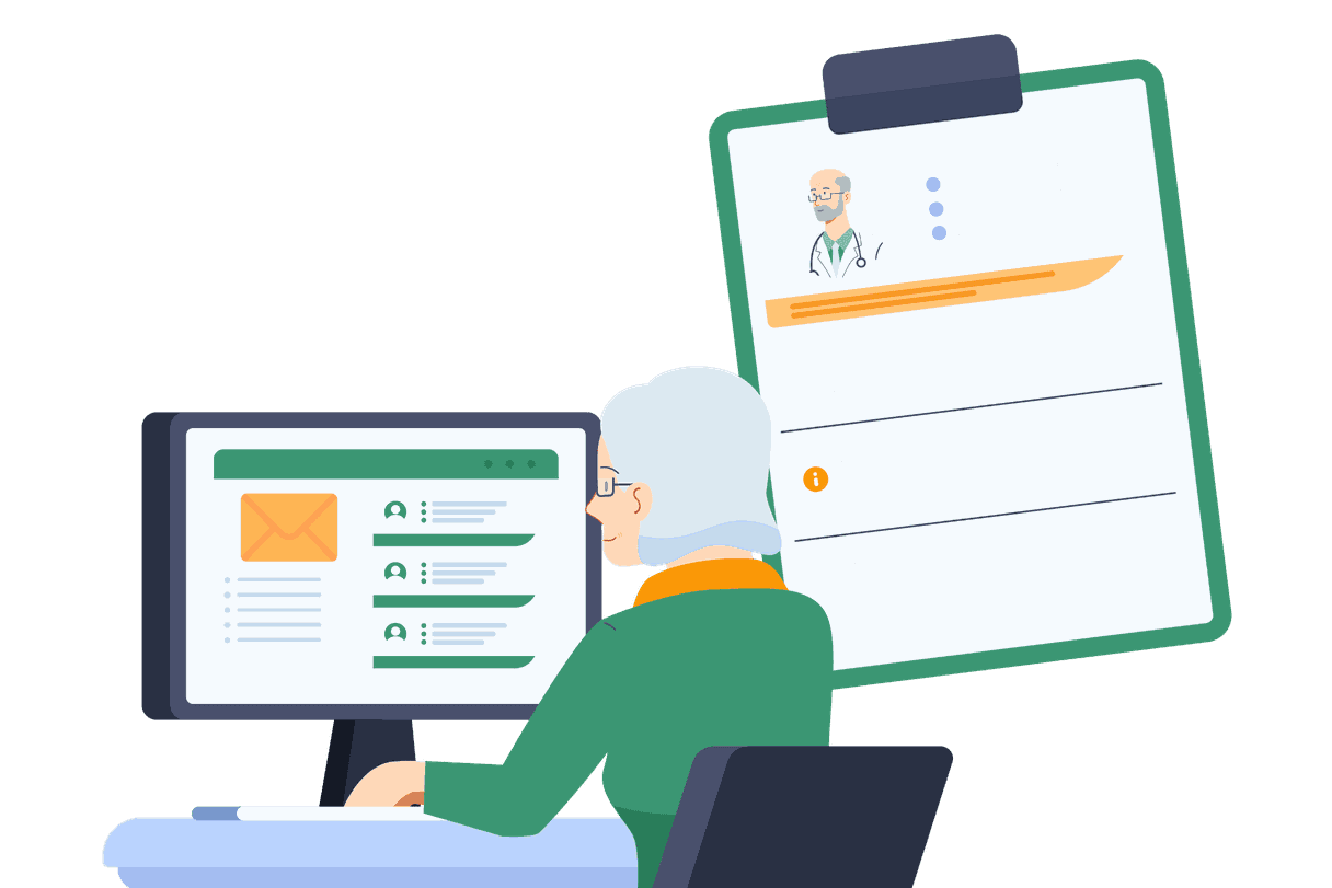 Patientin sitzt am Computer und liest eine E-Mail mit einem Suchergebnis