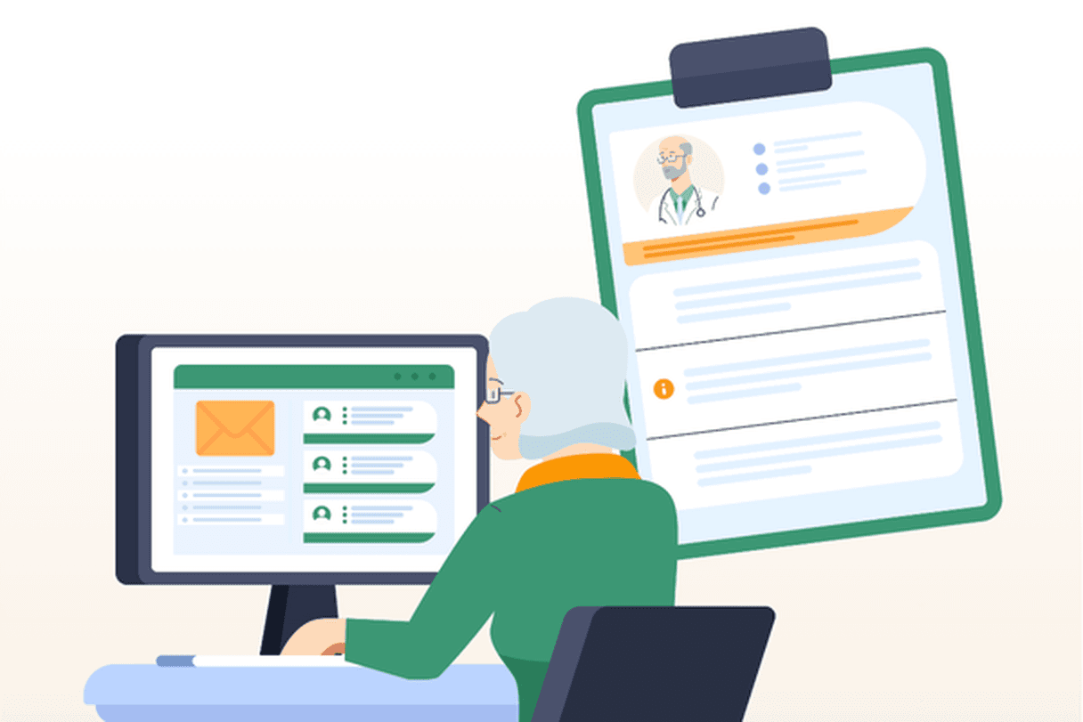 Patientin sitzt am Computer und sichtet Ihr Spezialistenergebnis